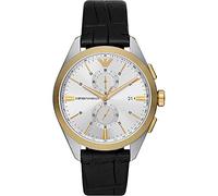 Emporio Armani Reloj Hombre, Movimiento de cuarzo, 43 mm Caja de acero negro con correa de piel, AR11498, Gris claro y tono dorado