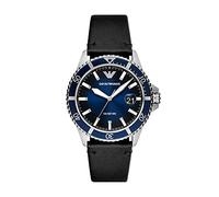 Emporio Armani Reloj Hombre, Movimiento de tres agujas con fecha, caja de acero inoxidable plateado de 42MM con correa de piel, AR11516, Negro y azul oscuro