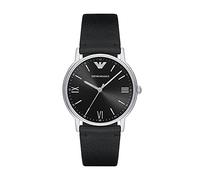 Emporio Armani Reloj Hombre, Movimiento de tres manecillas, caja de 41mm de acero inoxidable plateado con correa de piel, AR11013, Negro y tono plata