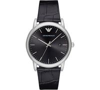 Emporio Armani Reloj Hombre, Movimiento de tres manecillas con fecha, 43mm Caja de acero plateado con correa de piel, AR2500, Negro y Gris