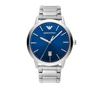 Emporio Armani Reloj Hombre, Movimiento de tres manecillas con fecha, 43mm Caja plateada de acero inoxidable con correa de acero inoxidable, AR11311, Tono plateado y azul agua