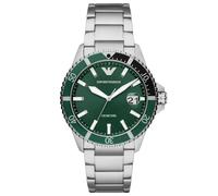 Emporio Armani Reloj Hombre, Movimiento de tres manecillas con fecha, caja de 42mm de acero inoxidable plateado con correa de acero inoxidable, AR11338, Tono plata y verde oscuro