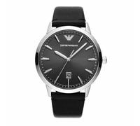Emporio Armani Reloj Hombre, Movimiento trifásico con fecha, 43mm Caja de acero plateada con correa de piel, AR11193, Negro y carbón