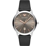 Emporio Armani Reloj Hombre, Movimiento trifásico con fecha, caja de 43mm de acero inoxidable plateado con correa de piel, AR11277, Marrón y oro rosa