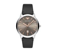 Emporio Armani Reloj Hombre, Movimiento trifásico con fecha, caja de 43mm de acero inoxidable plateado con correa de piel, AR11277, Marrón y oro rosa