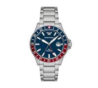 Emporio Armani Reloj para hombre de acero inoxidable con hora GMT dual, AR11590, Tono plateado y azul cobalto