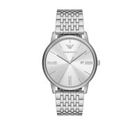 Emporio Armani Reloj para hombre de acero inoxidable con tres agujas y fecha, AR11599, Tono plata y blanco