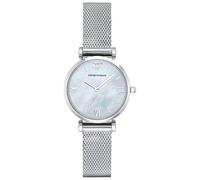 Emporio Armani Reloj de mujer, movimiento de dos manecillas, caja de acero inoxidable plateado de 32 mm con correa de acero inoxidable, AR1955, Tono plata y azul perla
