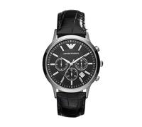 Emporio Armani Reloj para hombre, Movimiento cronógrafo, caja de acero inoxidable plateado/acero de 43 mm con correa de piel, AR2447, Negro y Gris