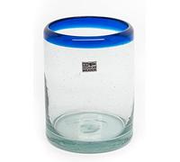 EMPORION Juego de 6 vasos soplados a mano (10 onzas) de México con borde azul cobalto, vidrio de burbujas reciclado rústico y hecho a mano