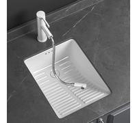 Empotrado Lavabo Pequeño de Cerámica, Tabla de Lavar Integrada, Fregadero con Kit de Desagüe, para Baños, Aseos y Balcones