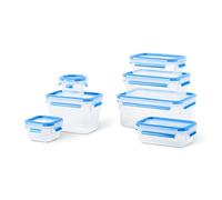 Emsa Juego de 7 herméticos Clip & Close - Herméticos de plástico con cierre seguro, no derrama líquidos ni retiene olores, libre de BPA, apto para microondas y lavavajillas, color transparente y azul