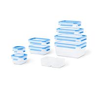 Emsa Juego de 9 herméticos Clip & Close - Herméticos de plástico con cierre seguro, no derrama líquidos ni retiene olores, libre de BPA, apto para microondas y lavavajillas, color transparente y azul