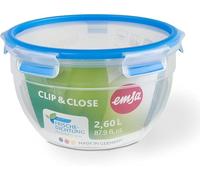 Emsa Clip & Close redondo - Hermético de plástico redondo de 2,60 L, cierre seguro, no derrama líquidos ni retiene olores, libre de BPA, apto para microondas y lavavajillas, color transparente y azul