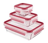 Emsa Clip & Close Set de 3 Conservadores Hermético de Cristal de borosilicato de 0,2 L 0,5 L y 1,3 L, higiénico, no retiene olores ni sabores 100% Libre de BPA, Transparente/Rojo, 17.5x17x24 cm