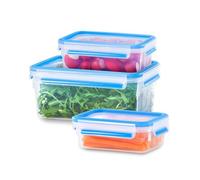 Emsa Clip & Close - Set de 3 Conservadores Herméticos de Plástico Rectangular, higiénico, no retiene olores ni sabores 100%, certificación "Baby care", Transparente y Azul, 1 L/2.3 L/3.7 L