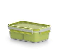 Emsa Clip&Go Snack Recipiente plástico con 2 Compartimentos y Bandeja Independiente para Comer, Totalmente hermético y Libre de BPA, Rectangular, 1L, Verde, 19.5 x 13.5 x 7 cm