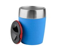 Emsa Travel Mug - Taza térmica de 0,2 l, mantiene la temperatura, acero inoxidable con base antideslizante y zona de agarre de silicona con letras grabadas, color azul
