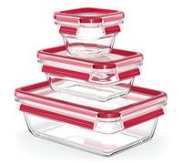 Emsa Juego de recipientes de vidrio N10508 Clip & Close de 3 piezas para almacenar alimentos | 0,18/0,45/1,3 L | apilables | aptos para congelador | aptos para horno | aptos para microondas | 100% herméticos | aptos para lavavajillas | transparentes/rojos