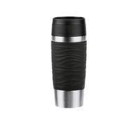 Emsa N20212 - Taza de viaje (0,36 L, acero inoxidable, 4 h caliente y 8 h, 100% hermética, a prueba de fugas, apta para lavavajillas, apertura de 360 °, color negro