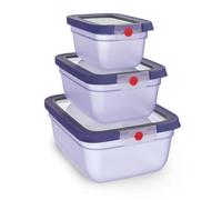 EMSA oneClick, recipiente para almacenar alimentos, un clic, abrir y cerrar sin esfuerzo, 2 veces más frescos, 100% hermético, apilables, set de 3 piezas violeta, 1x 0,75L, 1x 1,50L, 1x 3,0L, N1231900
