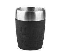 Emsa Travel Mug Taza térmica, Mantiene la Temperatura, Acero Inoxidable con Base Antideslizante y Zona de Agarre de Silicona con Letras grabadas, Negro, 7.8 Centimeters cm
