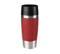 Emsa Travel Mug - Taza térmica de 0.36 l, mantiene calor 4 h y frío 8 h, acero inoxidable con base antideslizante y zona de agarre de silicona con letras grabadas, color rojo