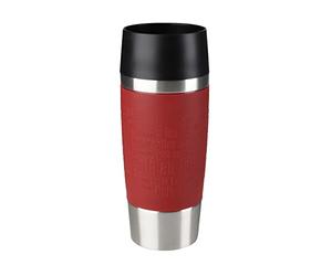 Emsa Travel Mug - Taza térmica de 0.36 l, mantiene calor 4 h y frío 8 h, acero inoxidable con base antideslizante y zona de agarre de silicona con letras grabadas, color rojo