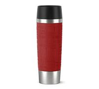 Emsa Travel Mug - Taza térmica de 0,5l, Mantiene Calor 4 h y frío 8 h, Acero Inoxidable con Base Antideslizante y Zona de Agarre de Silicona con Letras grabadas, Color Rojo