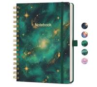 EMSHOI A5 Hardcover Spiral Notebook College Ruled, 160 Pages, 6.1" x 8.31" 100GSM Lined Paper Journal with Pen Loop, Sticky Notes, for Work School Travel Daily Use, Emerald Gold Nebula