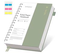 EMSHOI Cuaderno A5 con rayas universitarias, espiral, 150 hojas/300 páginas, 100 g/m², cubierta de PVC, notas adhesivas, bolsillo, lazo para bolígrafo, regla, marcapáginas, diario rayado para