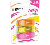 EMTEC - Memoria Flash USB 2.0 C410 de 32 GB, Lectura de 5 MB/S, Escritura de 15 MB/S, Compatible con USB 2.0, USB 3.0, Transparente neón neón con Tapa, Pack de 3
