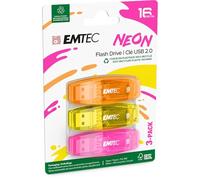EMTEC - Memoria Flash USB 2.0 C410, Memoria Flash Drive de 16 GB, Lectura de 5 MB/S, Escritura de 15 MB/S, Compatible con USB 2.0, USB 3.0, Transparente neón neón con Tapa, Paquete de 3
