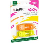 EMTEC - Memoria Flash USB 2.0 C410, Memoria Flash Drive de 32 GB, Lectura 5 MB/S, Escritura 15 MB/S, Compatible con USB 2.0, USB 3.0, Transparente neón neón neón con Tapa, Paquete de 2
