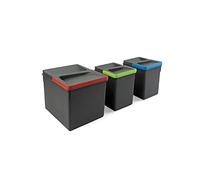EMUCA - Contenedores para cajón de cocina Recycle, Altura 216, 1x12L + 2x6L, Plástico gris antracita, Plástico