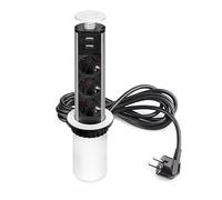 Emuca - Regletas Enchufe encastrable, Regleta multienchufe retráctil, 3 enchufes EU y 2 Puertos USB, Torre de enchufes Vertical empotrable para encimera, Pintado Blanco, Plástico y Aluminio