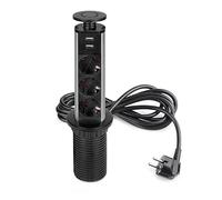 Emuca - Regletas Enchufe encastrable, Regleta multienchufe retráctil, 3 enchufes EU y 2 Puertos USB, Torre de enchufes Vertical empotrable para encimera, Pintado Negro, Plástico y Aluminio