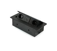 Emuca - Regletas Enchufe, Regleta de enchufes para Escritorio, 2 enchufes EU + 1 USB Tipo A + 1 USB Tipo C, 265x120mm, Acero y Aluminio, Pintado Negro