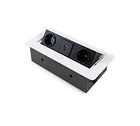 Emuca - Regletas Enchufe, Regleta de enchufes para Escritorio, 2 enchufes EU + 1 USB Tipo A + 1 USB Tipo C, 265x120mm, Acero y Aluminio, Pintado Blanco