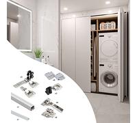 Emuca - Sistema para 2 puertas correderas de madera colgadas y plegables, con guiador inferior, tableros no incluidos, cierre suave, Aluminio anodizado