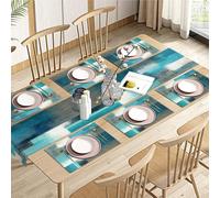 Emvency - Camino de Mesa y Juego de 6 manteles Individuales de Estilo rústico, algodón y Lino, Pintura Abstracta Turquesa y Gris, decoración de Mesa de Comedor para Uso Diario (1 Camino de Mesa de