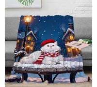 EMYXPAQM Manta Franela Gato Persa, Manta para Sofá con Diseño De Pueblo Nevado, Acogedora, Esponjosa para Cama, Sofá, Sala De Estar, 60x80inch(150x200cm)