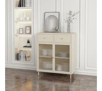 [en.casa] Aparador Lindau con 2 Cajones 2 Compartimentos Cerrados Mueble de Salón Mueble Auxiliar para Comedor Cocina con 2 Puertas de Vidrio Acanalado y Acero 97 x 80 x 40 cm Blanco Crema