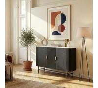 [en.casa] Aparador Olvehok con 4 Compartimentos Mueble Auxiliar con 3 Puertas con Tirador Rectangular Armario Multiusos Diseño Estriado 110 x 40 x 77 cm - Negro Efecto Mármol Blanco