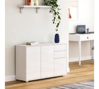 [en.casa] Aparador Paarl Cómoda Armario Bajo 74 x 117 x 36 cm con 2 Cajones y 3 Puertas Organizador de Oficina Sideboard Cajonera Multiusos Mueble Auxiliar Sin Mango - Blanco Alto Brillo