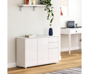 [en.casa] Aparador Paarl Cómoda Armario Bajo 74 x 117 x 36 cm con 2 Cajones y 3 Puertas Organizador de Oficina Sideboard Cajonera Multiusos Mueble Auxiliar Sin Mango - Blanco Alto Brillo