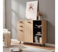 [en.casa] Aparador para Salón Noppen Aparador Multiusos con 2 Cajones 2 Compartimentos con Puertas y 3 Compartimentos Abiertos Mueble Auxiliar para Comedor Oficina 100 x 120 x 38 cm - Efecto Roble