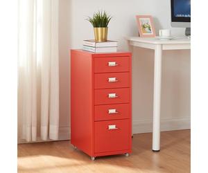 [en.casa] Archivador Móvil Kökar Organizador de Oficina con 5 Cajones Portaetiquetas Gabinete de Archivos con Ruedas para Despacho Taller 69 x 28 x 41 cm Acero - Rojo