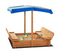 [en.casa] Arenero Infantil Kellenhusen con Toldo Juguete de Niños para Jardín con Forro del Suelo 2 Bancos Plegables Tapa Protectora Abeto Poliéster 120 x 120 x 120 cm Natural Azul