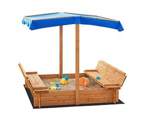 [en.casa] Arenero Infantil Kellenhusen con Toldo Juguete de Niños para Jardín con Forro del Suelo 2 Bancos Plegables Tapa Protectora Abeto Poliéster 120 x 120 x 120 cm Natural Azul